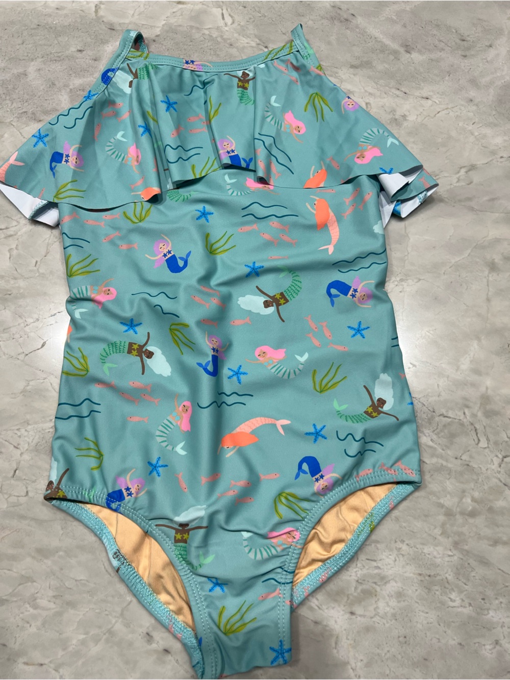 Girls' Mint Green Mermaid Print Ruffle One-Piece Swimsuit